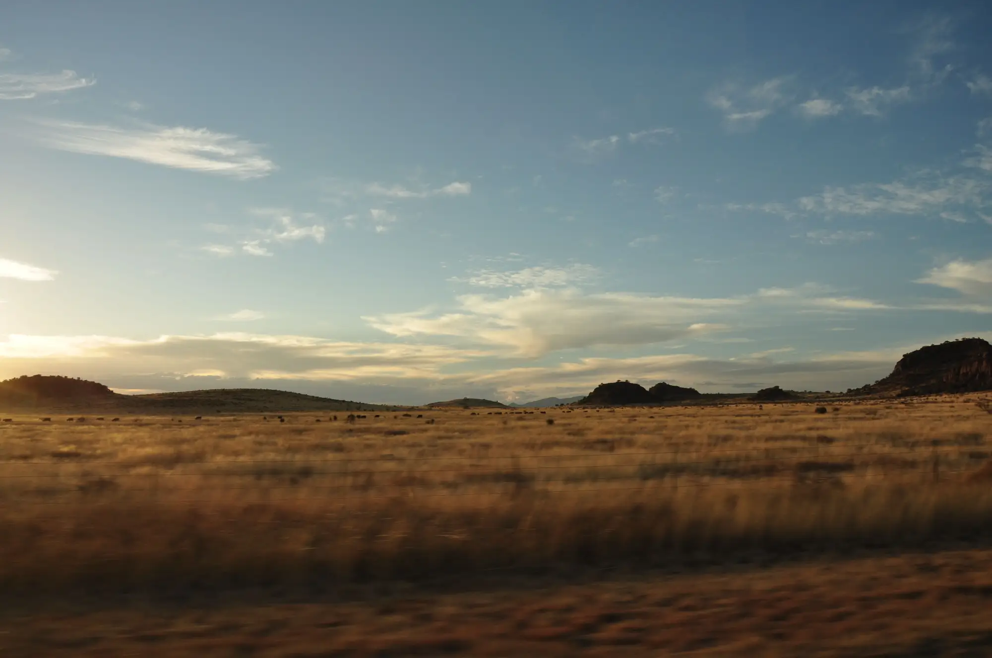 Open grassland and low mesas in West Texas at sunset